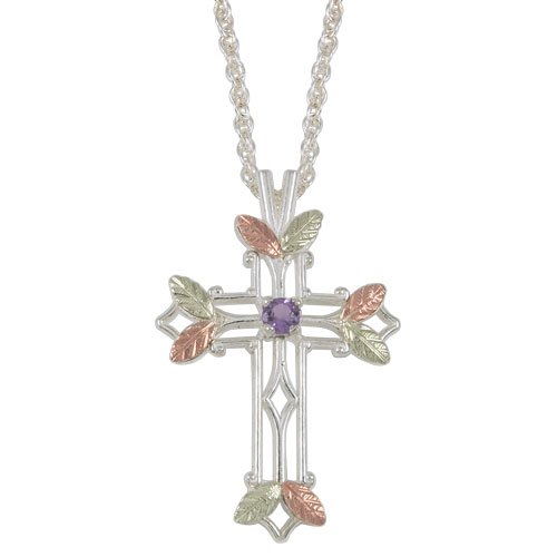 Amethyst Pointed Cross Pendant Necklace, Sterling Silver, 12k Green and Rose Gold Black Hills Gold Motif.