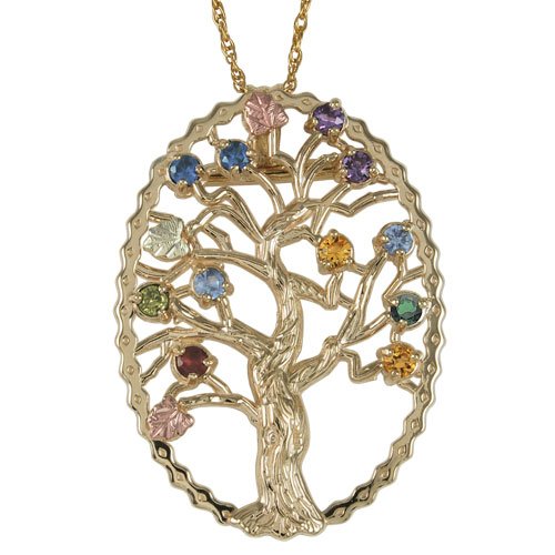 Multi Gemstone Tree Pendant Necklace, 10k Yellow Gold, 12k Green and Rose Gold Black Hills Gold Motif
