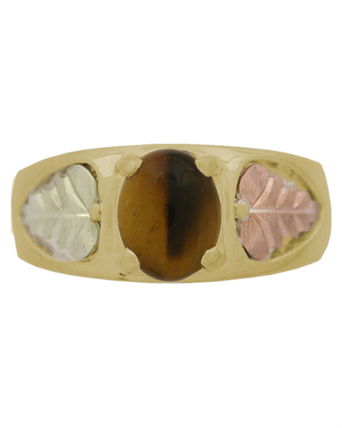 Tiger Eye Inlaid Leaf Ring, 10k Yellow Gold, 12k Green and Rose Gold Black Hills Gold Motif