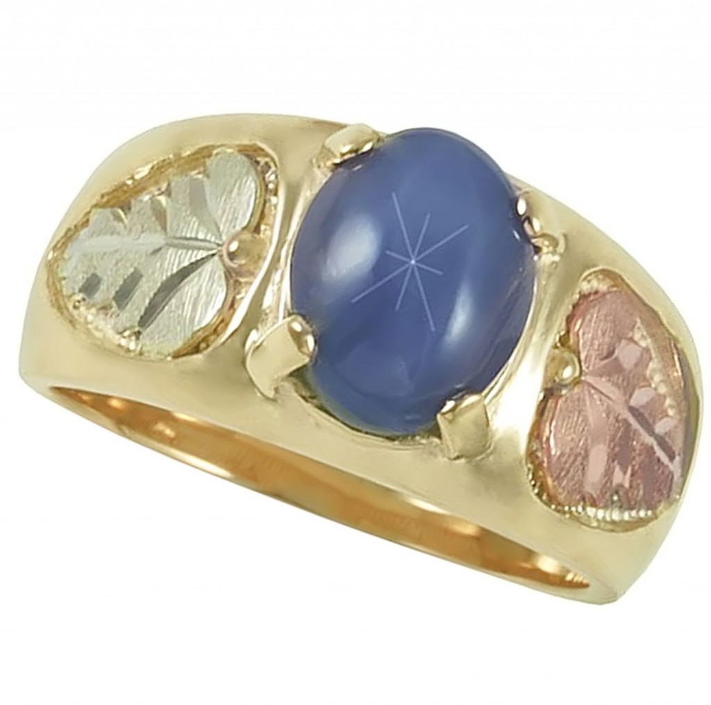 Men's Created Blue Star Sapphire Band, 10k Yellow Gold, 12k Green Gold, 12k Rose Gold Black Hills Gold Motif