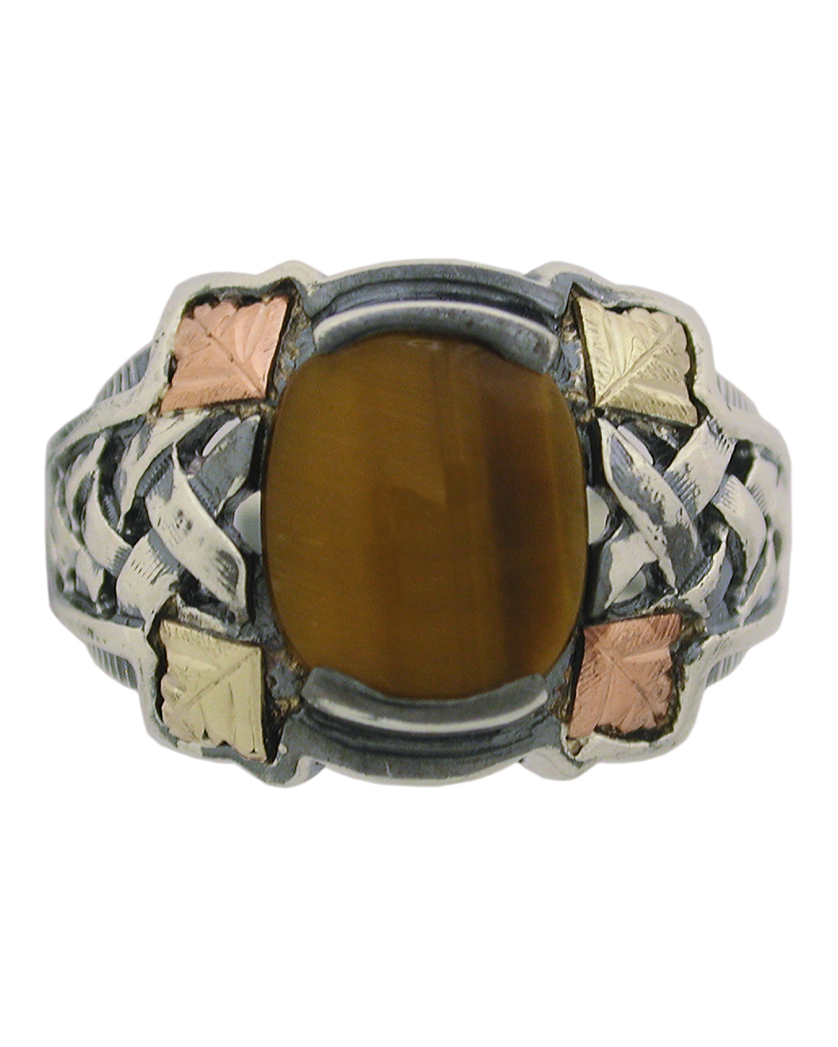 Men's Tiger's Eye Basket Weave Ring, Black Hills Gold on Sterling Silver 