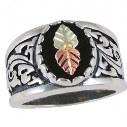 Onyx Engraved Oxidized Band, Sterling Silver, 12k Green and Rose Gold Black Hills Gold Motif