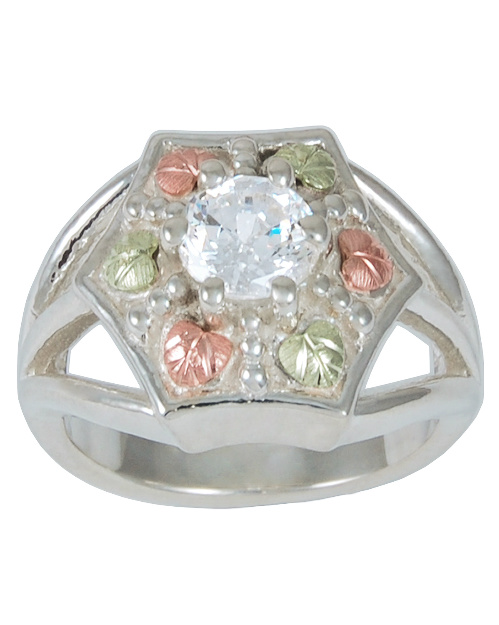 Cubic Zirconia Round with Granulated Bead Ring, Sterling Silver, 12k Green and Rose Gold Black Hills Gold Motif