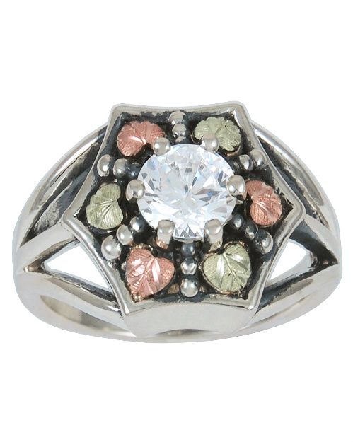 Cubic Zirconia Round with Granulated Bead Oxidized Ring, Sterling Silver, 12k Green and Rose Gold Black Hills Gold