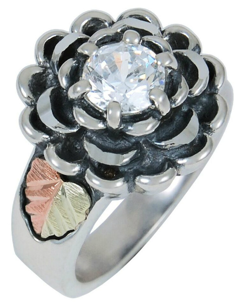 CZ with Oxidized Petals Ring, Sterling Silver, 12k Green and Rose Gold Black Hills Gold Motif