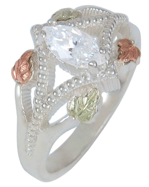 Cubic Zirconia Marquise with Granulated Bead Ring, Sterling Silver, 12k Green and Rose Gold Black Hills Gold Motif