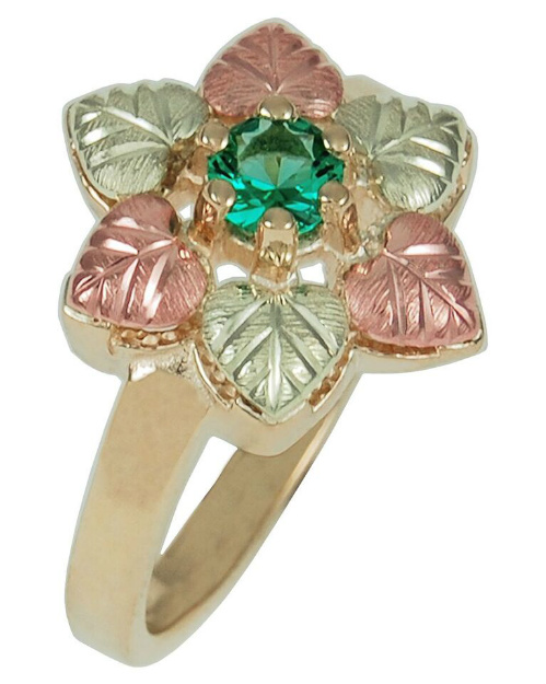 Emerald Obsidianite with Frosty Grape Leaf Rings, 10k Yellow Gold, 12k Green and Rose Gold Black Hills Gold Motif. 
