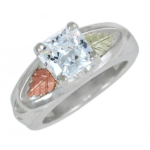 CZ with Flank Grape Leaf Ring, Sterling Silver, 12k Green and Rose Gold Black Hills Gold Motif