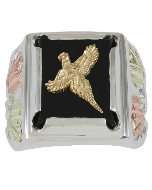 Men's Pheasant Onyx Rectangle Ring, Sterling Silver, 12k Green and Rose Gold Black Hills Gold Motif