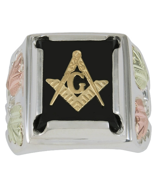 Men's Onyx Rectangle Masonic Ring, Sterling Silver, 12k Green and Rose Gold Black Hills Gold Motif