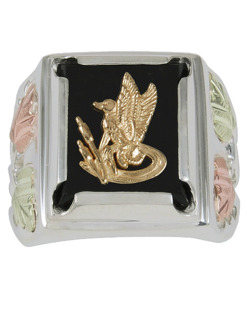 Men's Mallard Onyx Rectangle Ring, Sterling Silver, 12k Green and Rose Gold Black Hills Gold Motif