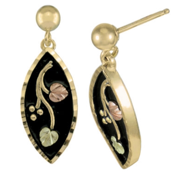 Antiqued Scrollwork Drop Earrings, 10k Yellow Gold, 12k Green and Rose Gold Black Hills Gold Motif