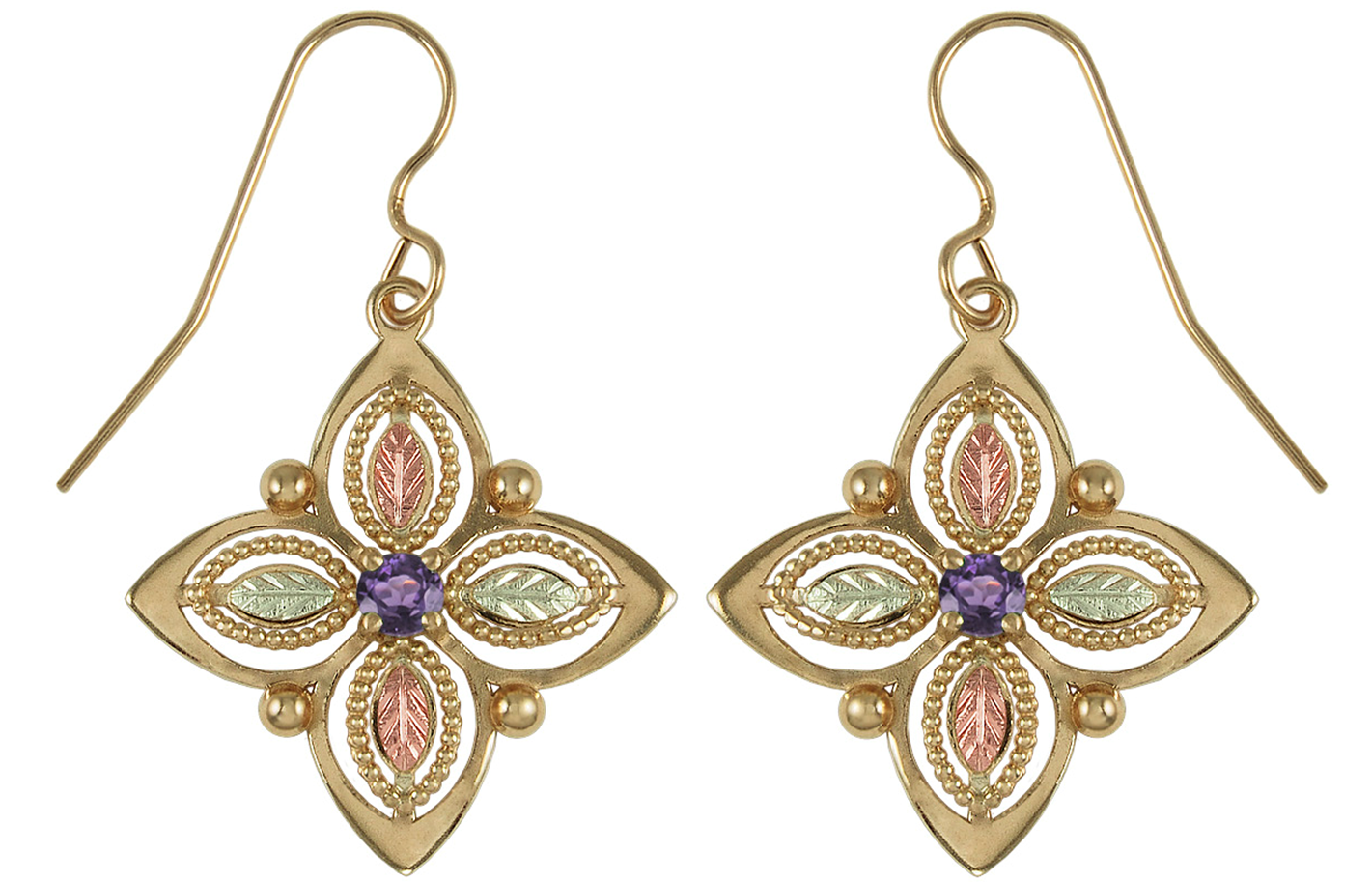 Amethyst Statement Earrings, 10k Yellow Gold, 12k Rose and Green Gold Black Hills Gold Motif