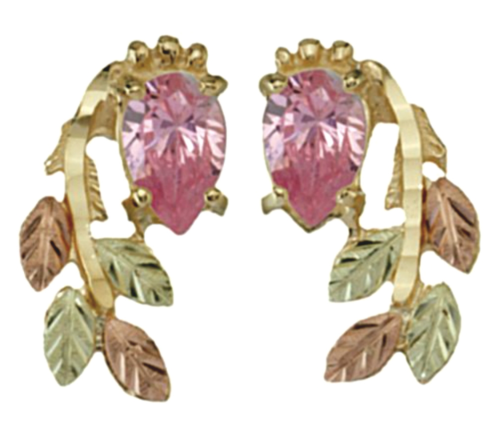 Pink Ice Diamond Cut Earrings,10k Yellow Gold, 12k Green and Rose Gold Black Hills Gold Motif