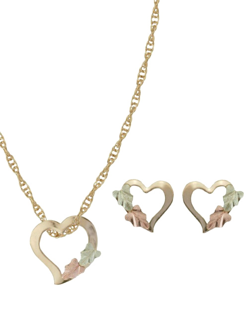 Heart Earrings and Necklace Matching Set, 10k Yellow Gold, 12k Green and Rose Gold Black Hills Gold Motif