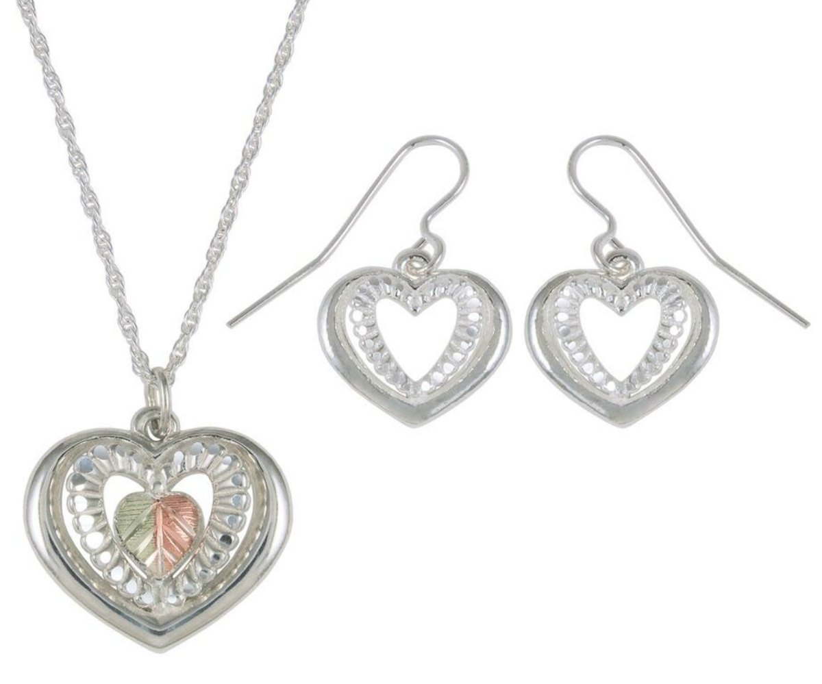 Heart with Silver Design Earrings and Necklace Matching Set, Sterling Silver, 12k Green and Rose Gold Black Hills Gold Motif