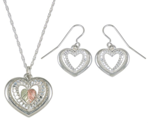 Heart with Silver Design Earrings and Necklace Matching Set, Sterling Silver, 12k Green and Rose Gold Black Hills Gold Motif