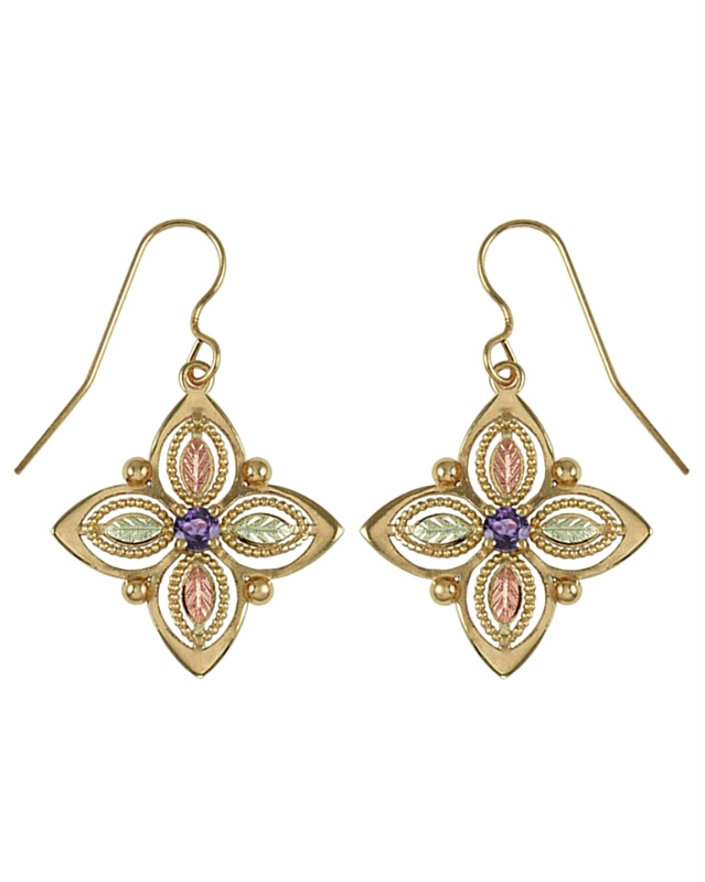 Amethyst Four Leaf Passion Earrings, 10k Yellow Gold, 12k Green and Rose Gold Black Hills Gold Motif