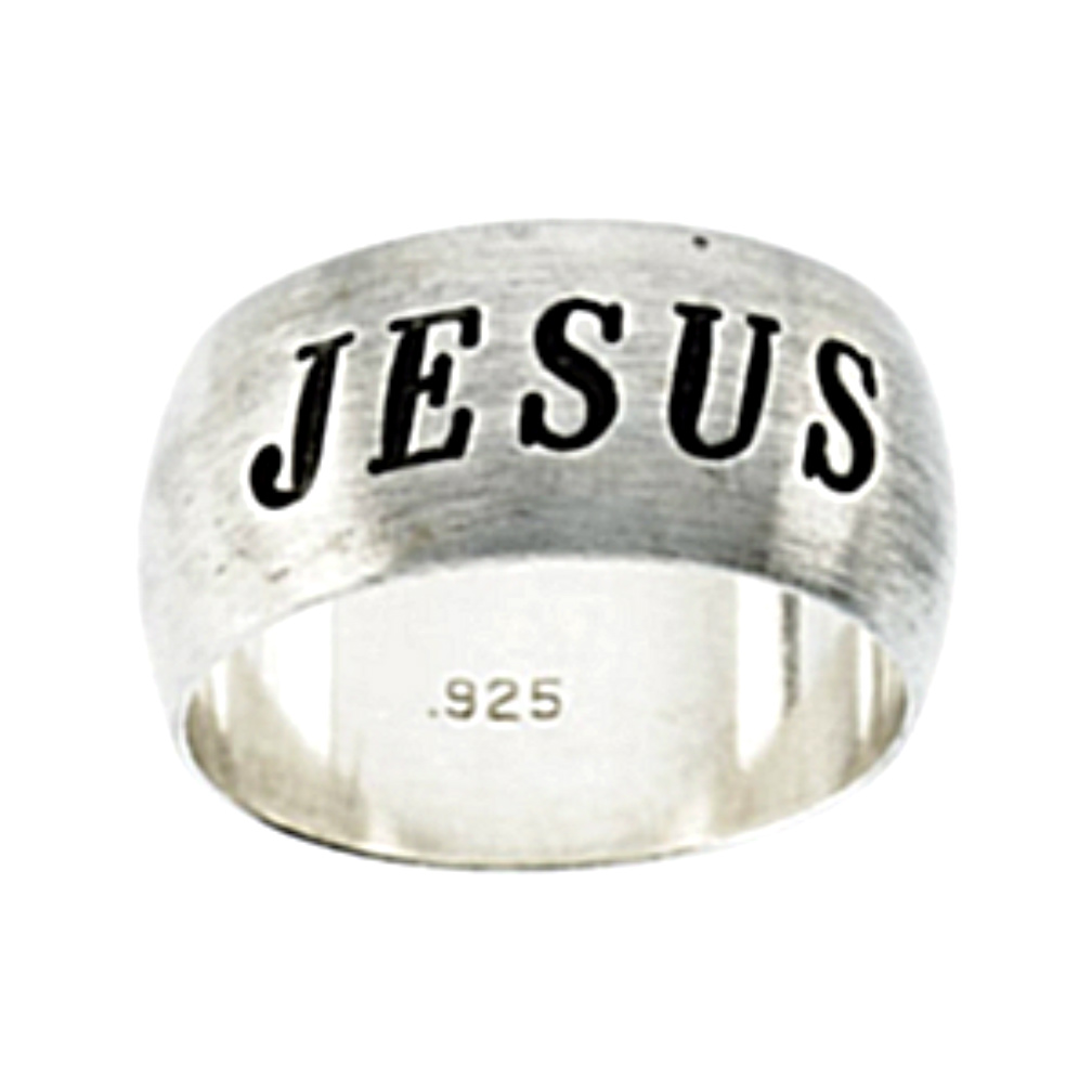 Antiqued Half Round Jesus Ring 14k White Gold. 