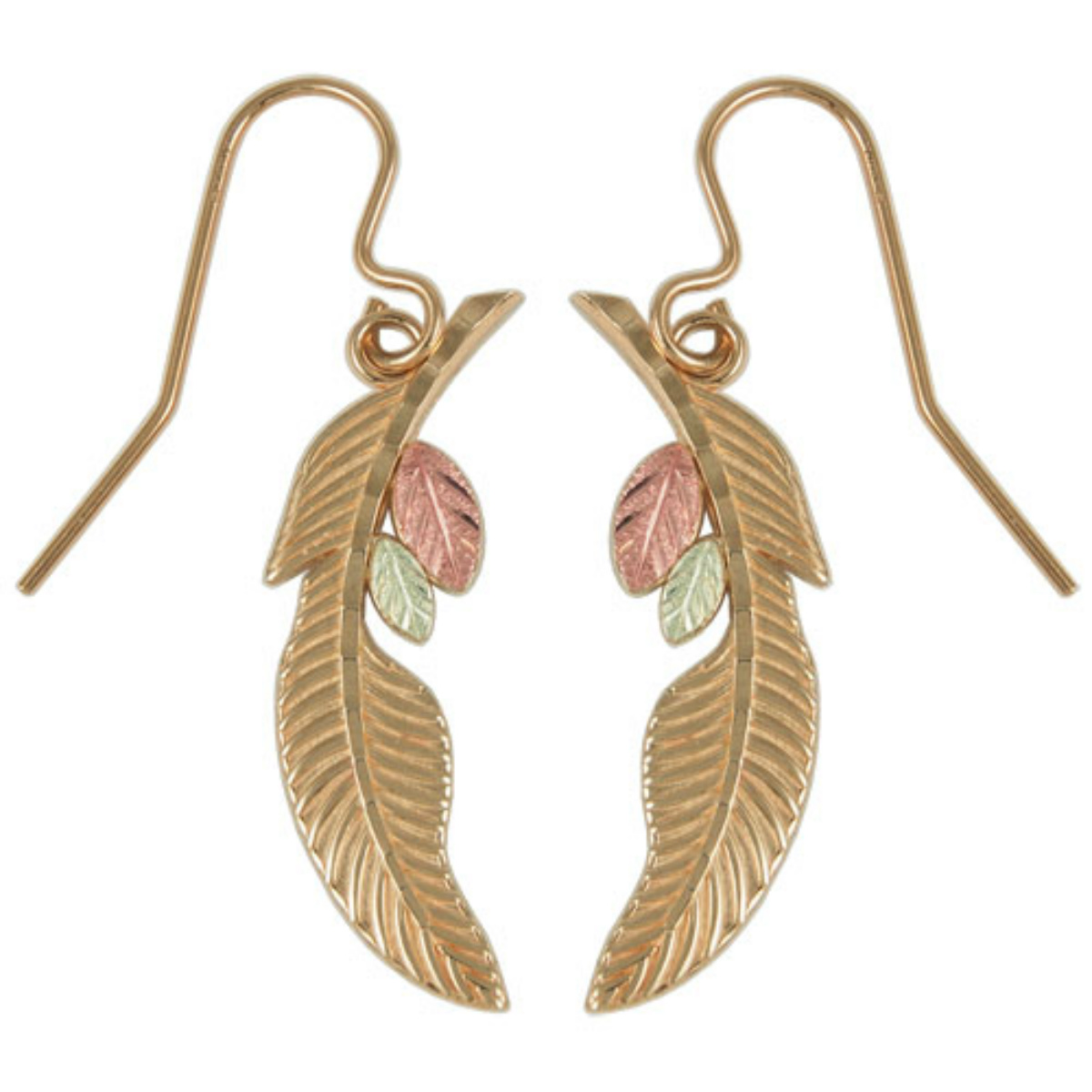 Diamond Cut Feather Earrings, 10k Yellow Gold, 12k Green and Rose Gold Black Hills Gold Motif