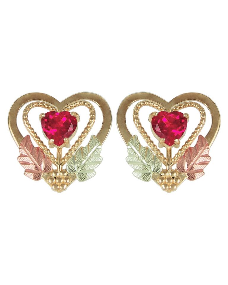 Lab Created Ruby Heart Earrings, 10k Yellow Gold, 12k Green and Rose Gold Black Hills Gold Motif
