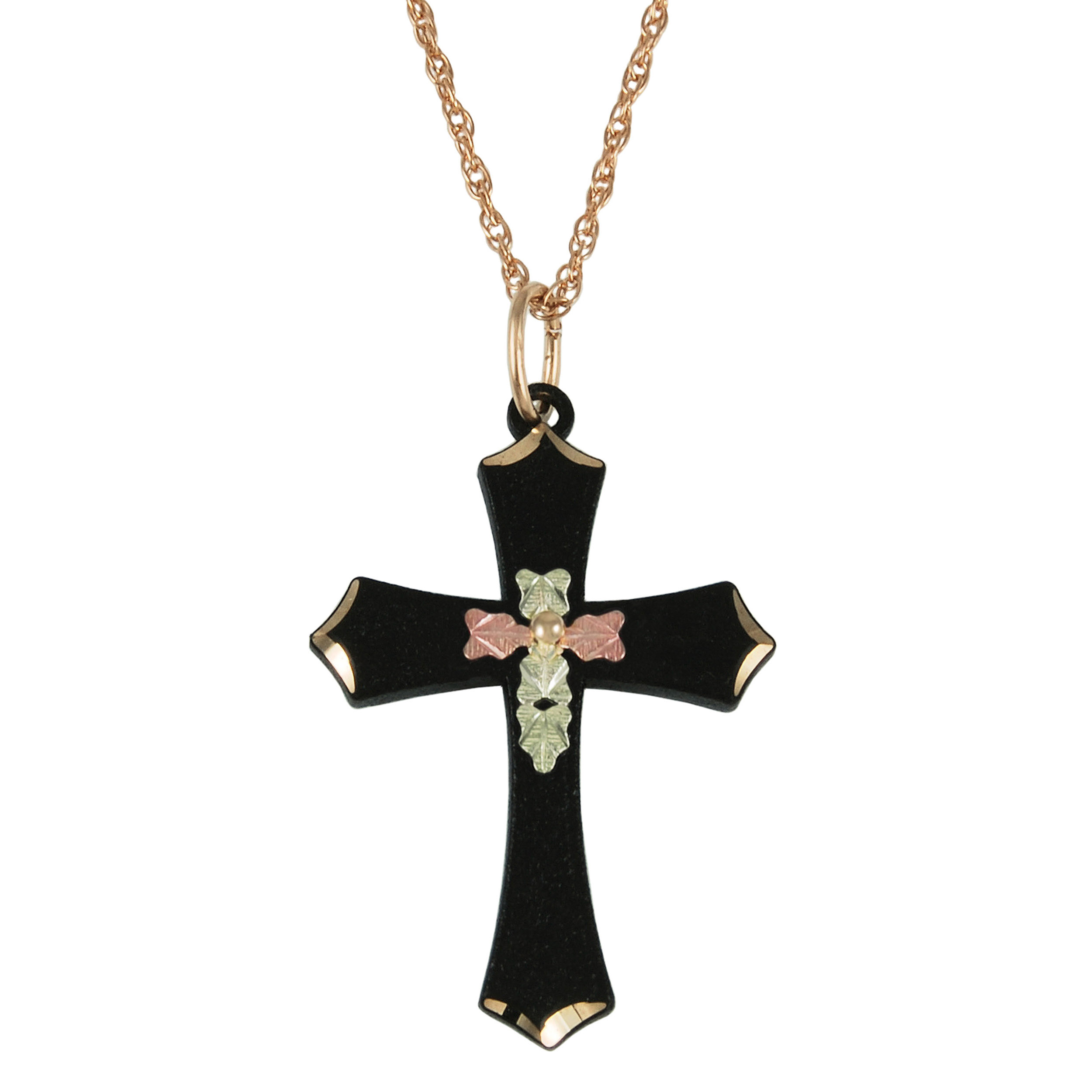 Cross on a cross, the hand-placed cross on the center has a hole on the bottom arm as a reminder Jesus Christ died for us. The cross necklace is crafted in black powder coat with 12k green gold and 12 gold pink gold hand placed grape leaves forming the second cross. Suspended from a gold filled rope chain.