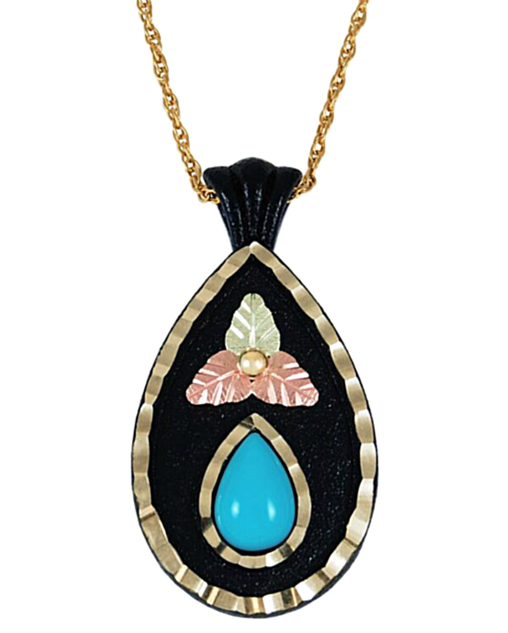 Turquoise Teardrop Black Powder Coated Necklace, 10k Yellow Gold, 12k Green and Rose Gold Black Hills Gold Motif