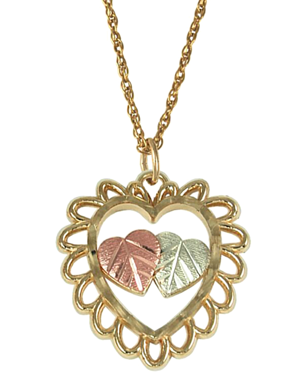 Hearts within a Diamond Cut Heart Necklace, 10k Yellow Gold, 12k Green and Rose Gold Black Hills Gold Motif