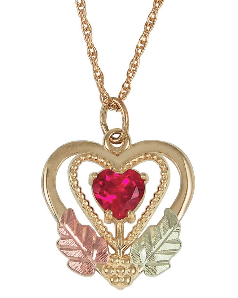 Lab Created Ruby Heart Necklace in 10k Yellow Gold, 12k Green and Rose Gold Black Hills Gold Motif