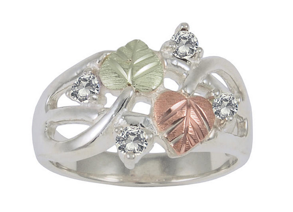 Gorgeous Leaf Ring with Four Shimmering CZs and a 12k Green and Rose Gold Grape Leaf at the End of Arching Vines. Band Tapers in Under the Finger for a Comfortable Fit.