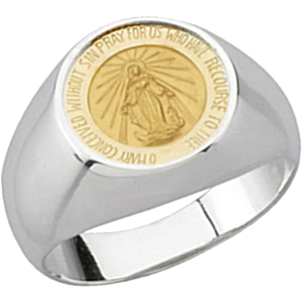 Round Miraculous Medal Ring 14k White Gold. 