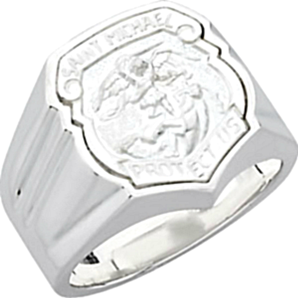 St. Michael Badge Ring 14k White Gold. 