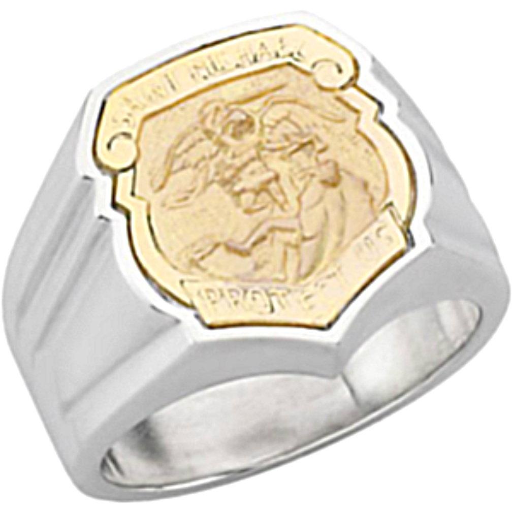 St. Michael Badge Ring 14k White Gold. 