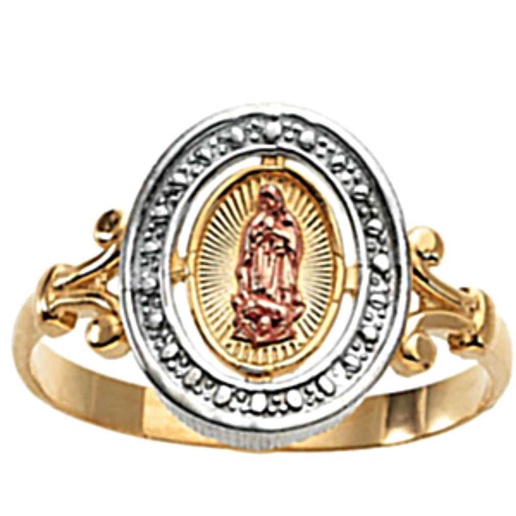 Tri-Color Our Lady of Guadalupe Ring 14k White Gold. 