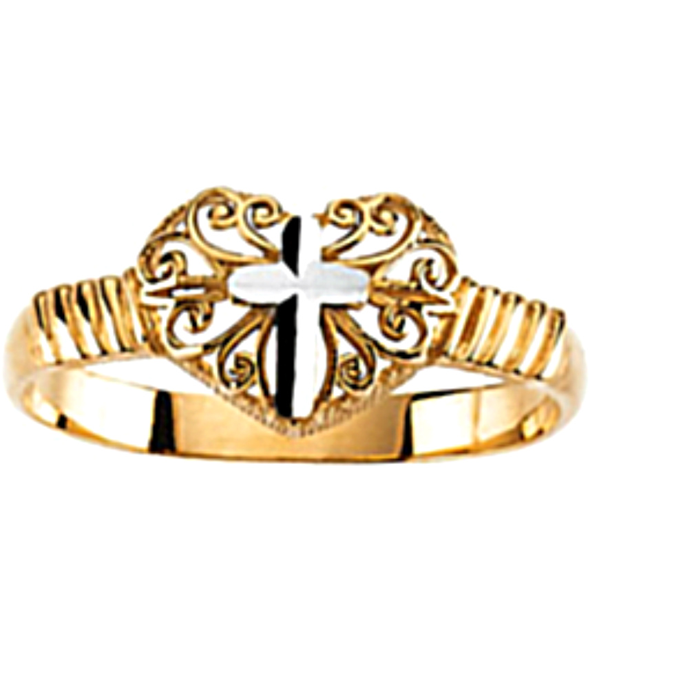 Two Tone Cross Ring 14k Yellow Gold. 