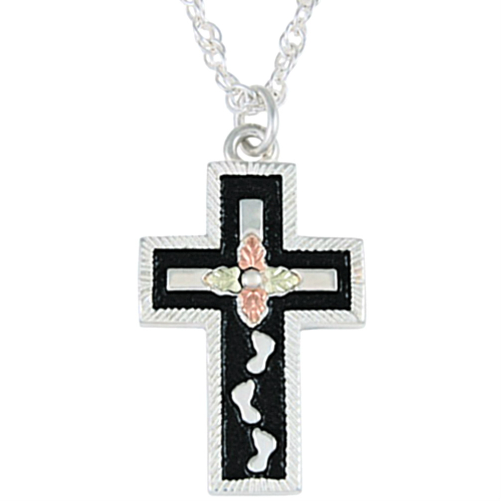 Antiqued Cross Footprint Pendant Necklace, Sterling Silver, 12k Green and Rose Gold Black Hills Gold Motif