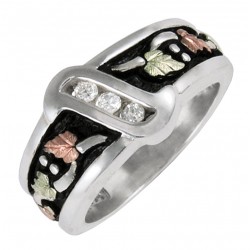 White CZ Antiqued Band, Sterling Silver with Black Hills Gold Motif