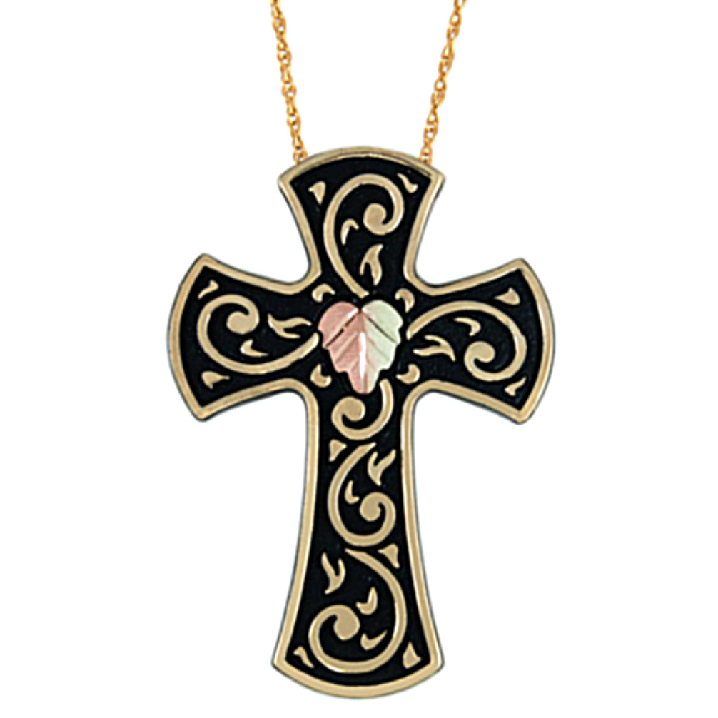 Black Coated Cross Pendant Necklace, 10k Yellow Gold, 12k Green and Rose Gold Black Hills Gold Motif