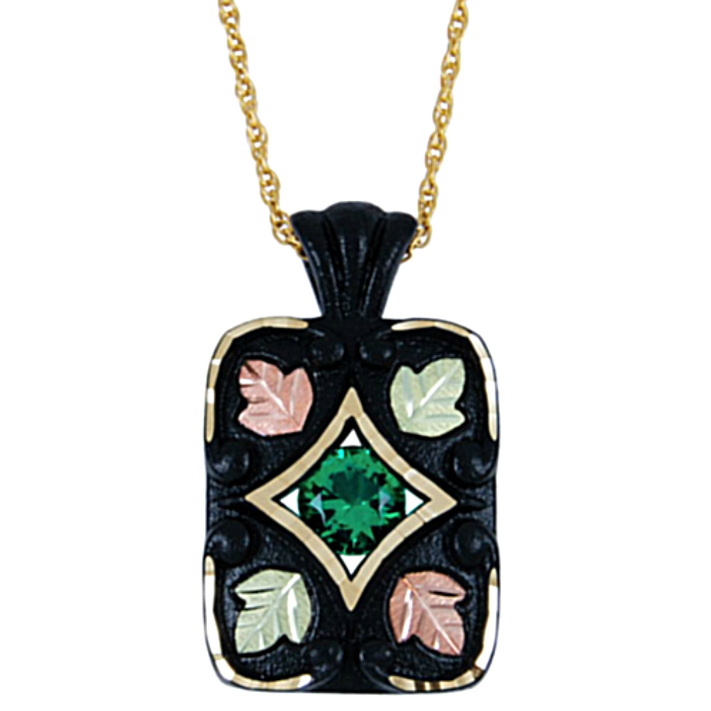 Black Coated Mt. St Helens Pendant Necklace, 10k Yellow Gold, 12k Green and Rose Gold Black Hills Gold Motif