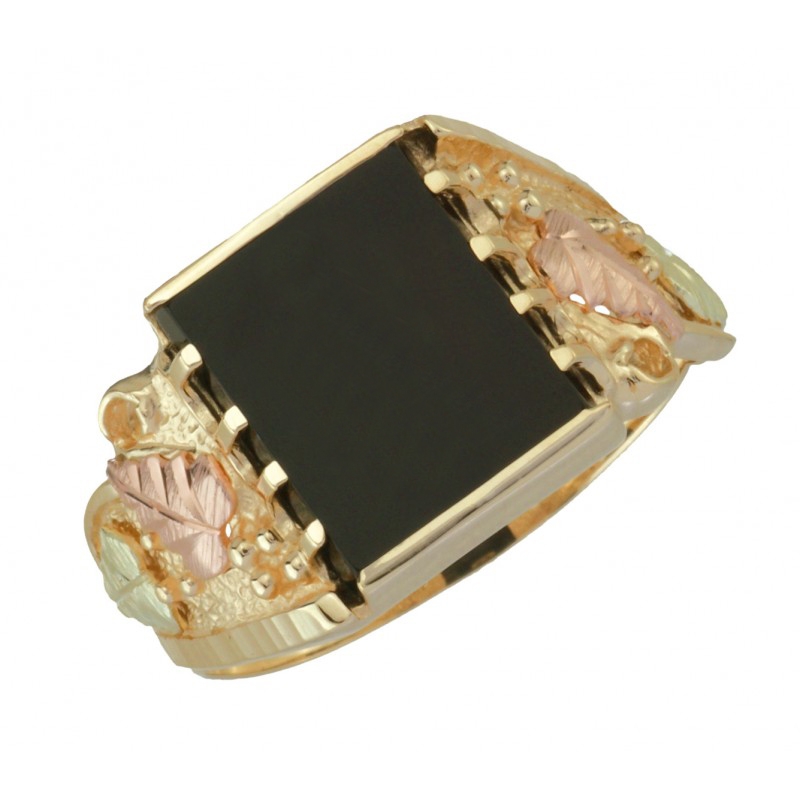 Onyx Ring, 10k Yellow Gold, 12k Green and Rose Gold Black Hills Gold Motif.