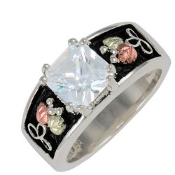 White CZ Antiqued Ring, Sterling Silver, 12k Green and Rose Gold Ring Black Hills Motif