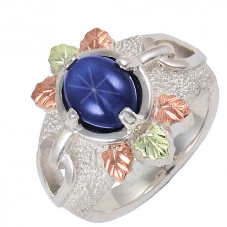 Blue Star Sapphre Ring, Sterling Silver, 12k Rose Gold, 12k Green Gold Black Hills Gold Motif