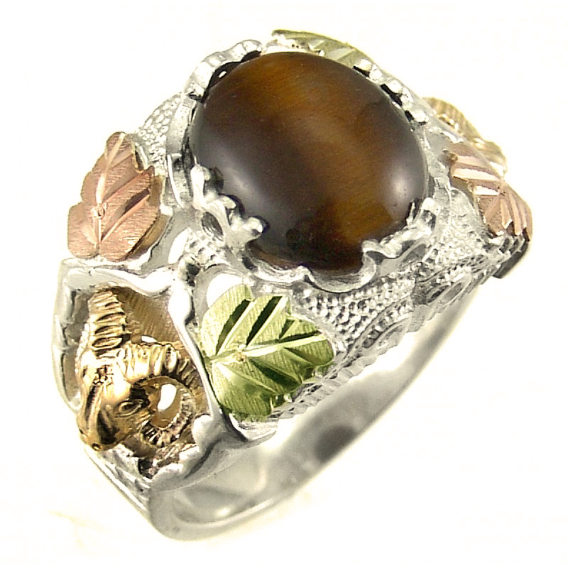 Men's Tiger's Eye Ring, Sterling Silver, 12k Rose Gold, 12k Green Gold Black Hills Gold Motif.