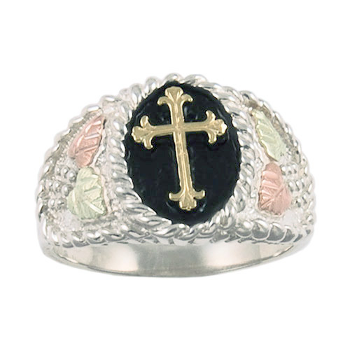 Budded Cross Sterling Silver Ring on Black Hills Gold Motif