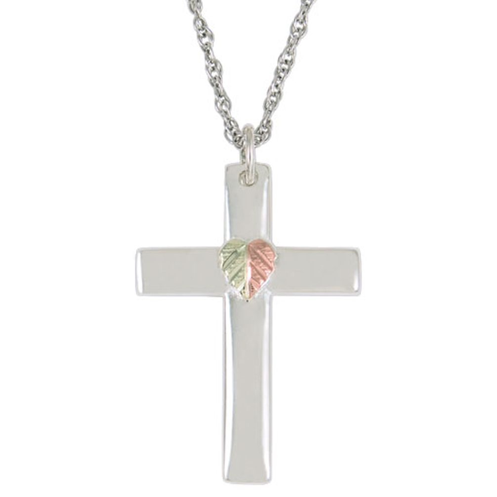 Christian Cross Necklace, Sterling Silver, 12k Rose Gold, 12k Green Gold Black Hills Gold Motif