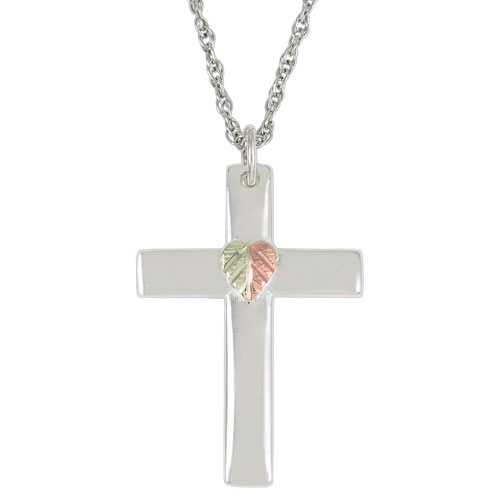 Sterling Silver Christian Cross Pendant Necklace, 12k Rose Gold, 12k Green Gold Black Hills Gold Motif