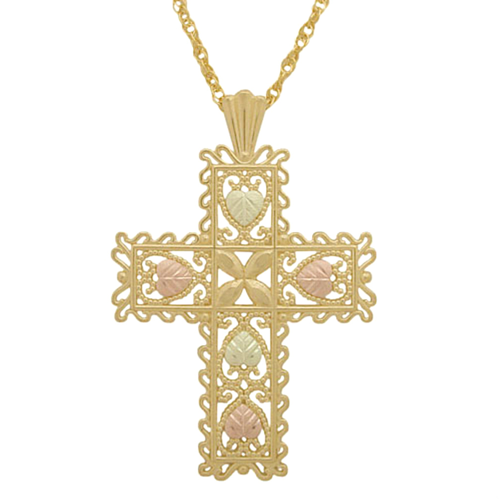 Cross Filigree Necklace, 10k Yellow Gold, 12k Green and Rose Gold Black Hills Gold Motif