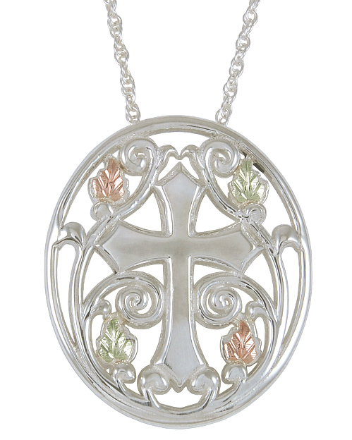 cross-oval-pendant-sterling-silver-12k-green-and-rose-gold-black-hills-gold-motif-25961-GS-500mp