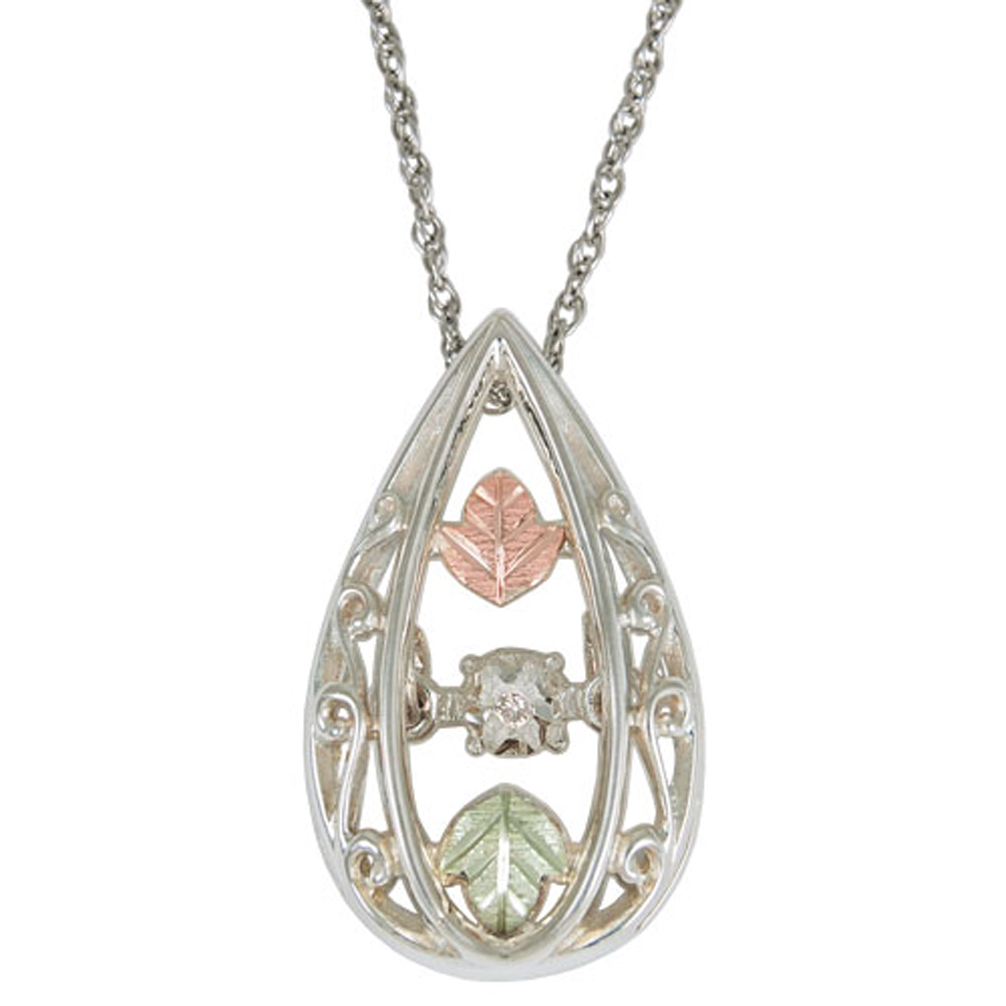 Dancing Diamond Filigree Pendant Necklace, Sterling Silver, 12k Rose Gold, 12k Green Gold Black Hills Gold Motif