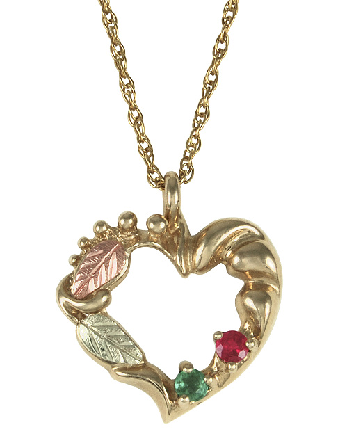 Emerald, Ruby Heart Pendant Necklace, 10k Yellow Gold, 12k Green and Rose Gold Black Hills Gold Motif